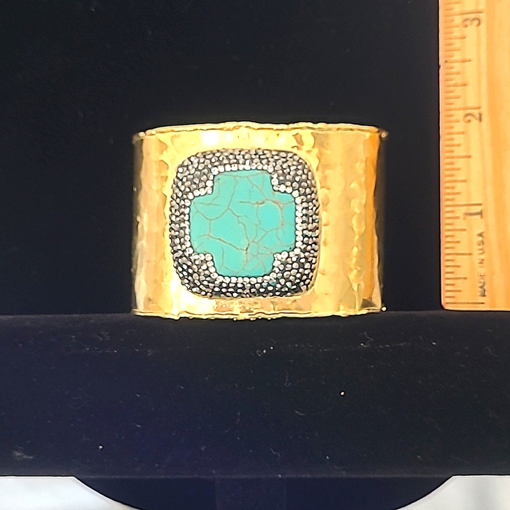 Genuine Turquoise & Swarovski Black & Clear crystal wide cuff Designer Bracelet